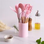 12-Piece Silicone Kitchen Utensil Set with Wooden Handles Pink - Image 2