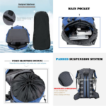 60L Water Resistant Camping Backpack With Rain Cover-Blue - Image 4