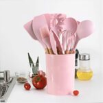 12-Piece Silicone Kitchen Utensil Set with Wooden Handles Pink - Image 3