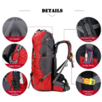 60L Water Resistant Camping Backpack With Rain Cover-Red - Image 2