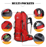 60L Water Resistant Camping Backpack With Rain Cover-Red - Image 4