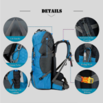 60L Water Resistant Camping Backpack With Rain Cover-Blue - Image 2