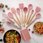 12-Piece Silicone Kitchen Utensil Set with Wooden Handles Pink - Image 4