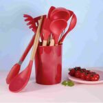 12-Piece Silicone Kitchen Utensil Set with Wooden Handles Red - Image 3